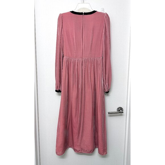 Saloni Camille Crystal Bow Liquid Velvet Midi Dress Rose Pink Black Beaded US 2 - Picture 10 of 16